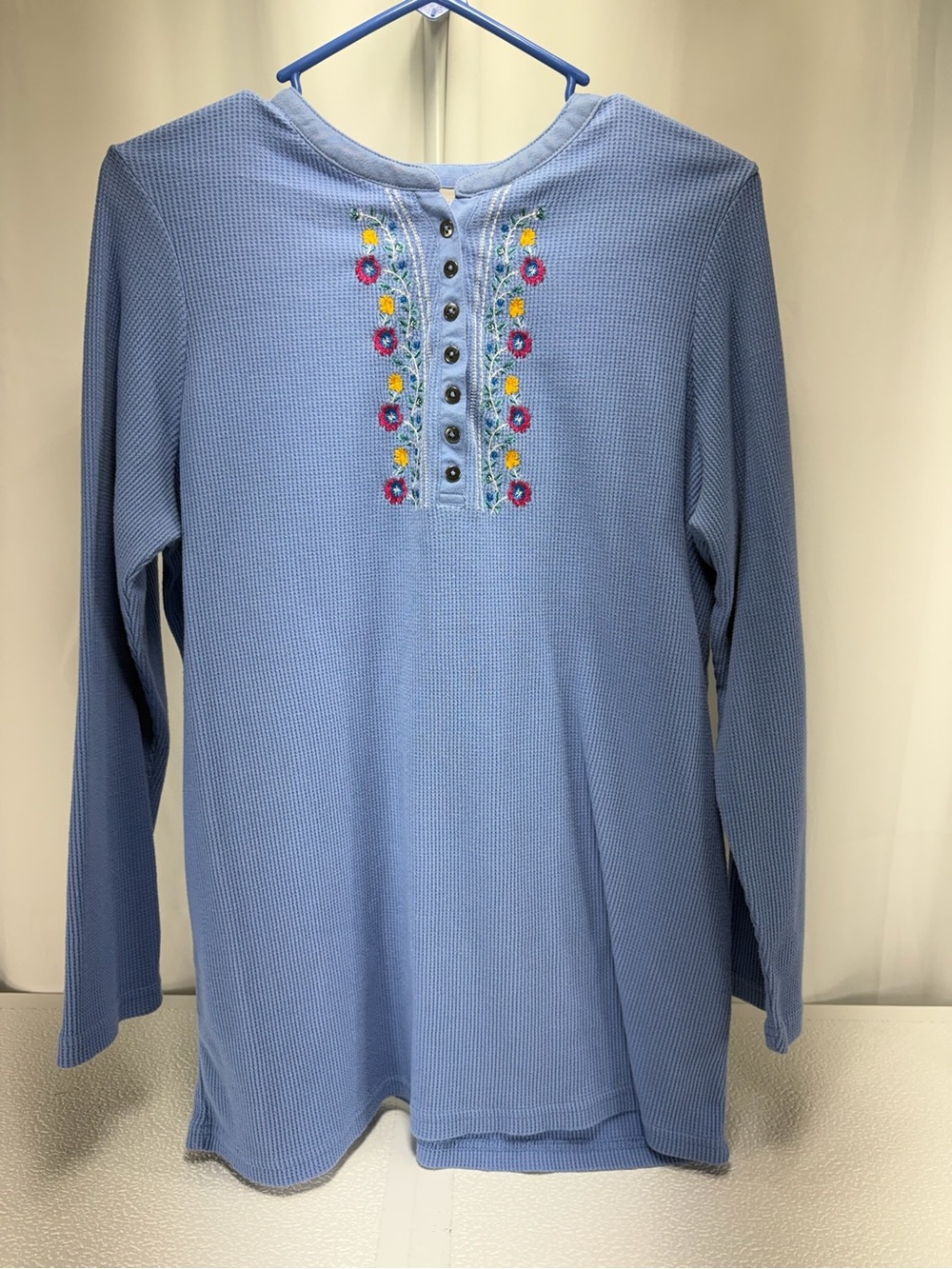 Woman Within Sky Blue Embroidered Henley Waffle Long Sleeve Top 4561